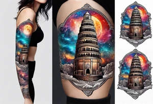 Babel tower with a cosmic background tattoo idea