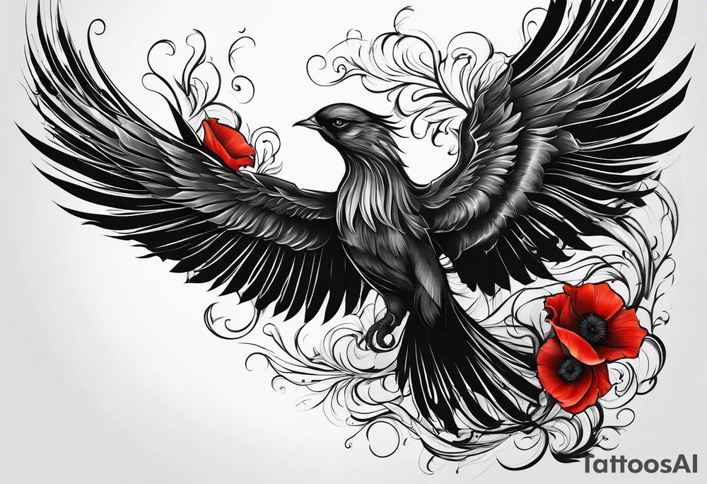 abstract pheonix holding red poppies in profile flight tattoo idea