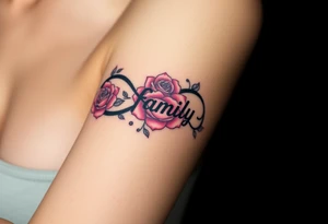 A infinity symbol made of delicate roses, with the word "family" carved into the petals tattoo idea