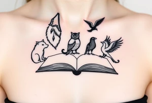 An open book with black silhouettes of a werewolf, an owl, a dragon & a phoenix above it tattoo idea