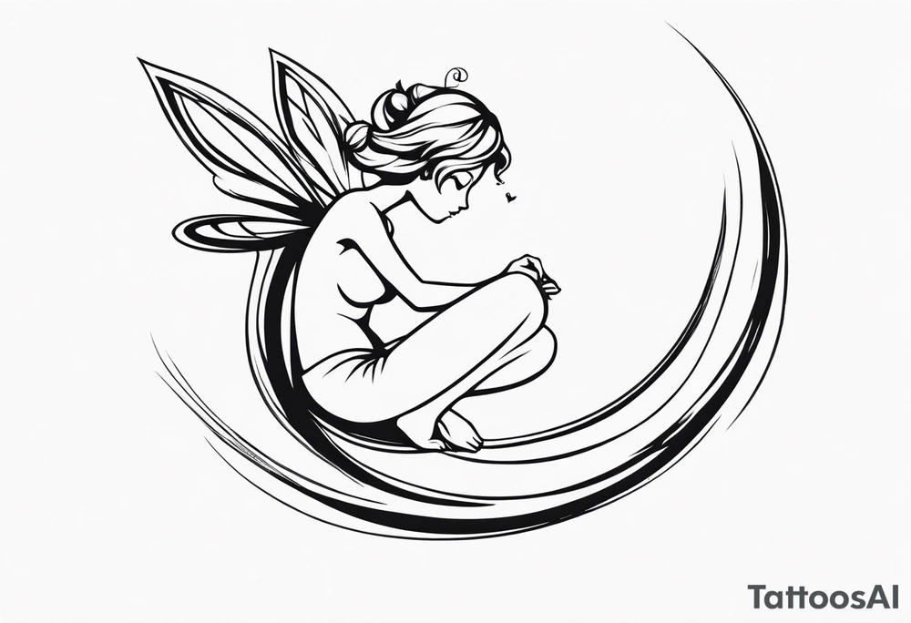 Minimalistic, monochromatic fairy with a tail flying to the left in a fetal position, leaning and looking in the same direction, with visible hands, embodying the 'Fairy Tail' logo aesthetic. tattoo idea