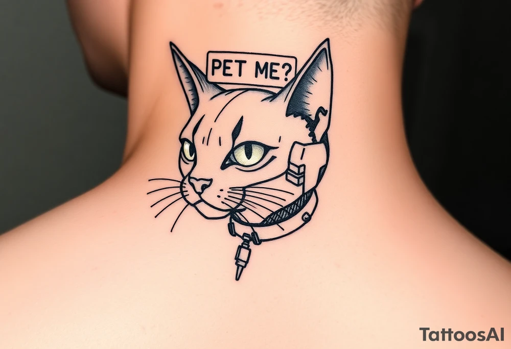 Cybernetic Cat with a Holographic CollarA sleek, cyberpunk cat with one glowing eye and mechanical enhancements.A floating AR display above its head showing "PET ME?"Whiskers made of thin fiber-optic cables. tattoo idea