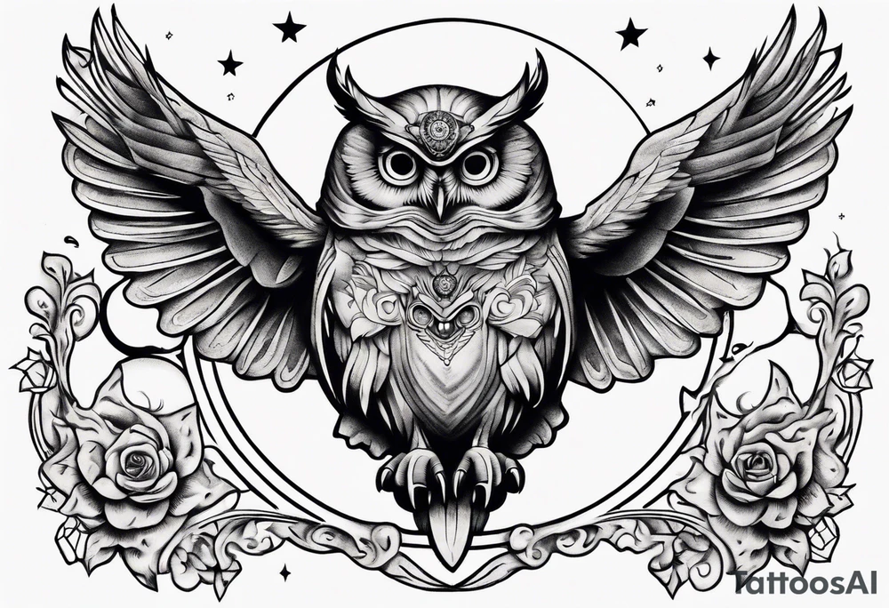 Wise and Regal Owl flying towards the Moon. tattoo idea