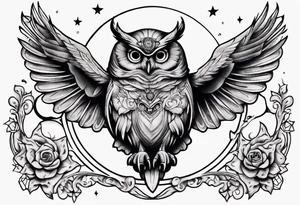 Wise and Regal Owl flying towards the Moon. tattoo idea