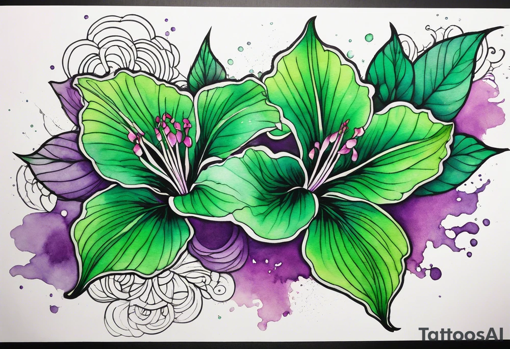 A mystical outline of a green with a bit of purple rio dipladenia flower and a green and purple watercolor splash in the background tattoo idea