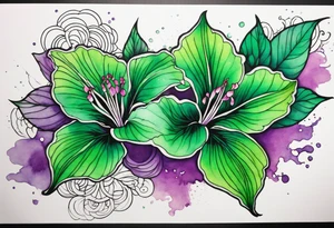 A mystical outline of a green with a bit of purple rio dipladenia flower and a green and purple watercolor splash in the background tattoo idea