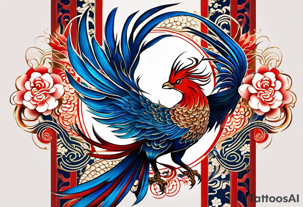 Create an intricate tattoo design of a Japanese phoenix in traditional Irezumi style. The phoenix should have a majestic and dynamic pose, with flowing feathers that exhibit traditional Japanese tattoo patterns. Its skin color should be a rich blue with varying shades, creating a sense of depth and movement. Include traditional Irezumi elements like clouds, waves, and subtle flames, blending them harmoniously with the phoenix. The tattoo should have a dramatic, detailed look with bold outlines and shading. Incorporate the Aquarius symbol discreetly within the design, possibly hidden among the feathers or subtly integrated into the background, to blend seamlessly with the overall artwork. tattoo idea
