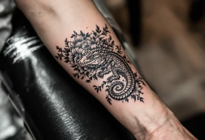powerful big reptile, surrounded by floral ornaments tattoo idea