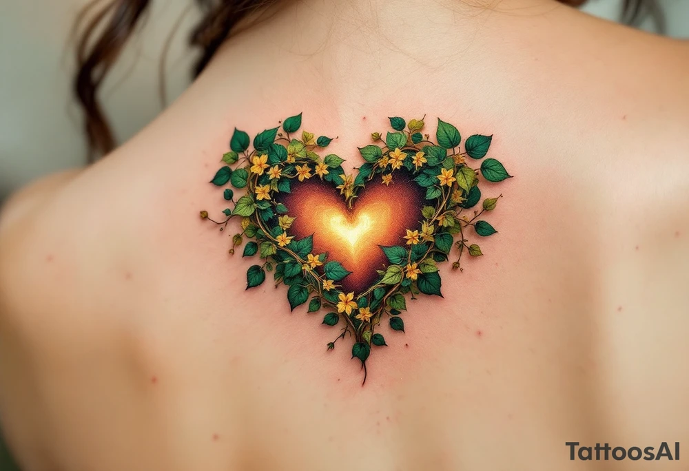 An ivy-covered heart emerging from the skin, shaded in deep emerald and glowing gold, symbolizing everlasting love. tattoo idea