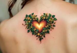 An ivy-covered heart emerging from the skin, shaded in deep emerald and glowing gold, symbolizing everlasting love. tattoo idea