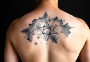 full milky way that covers the upper middle back and is geometric that also uses negative spaces to create a nebula tattoo idea