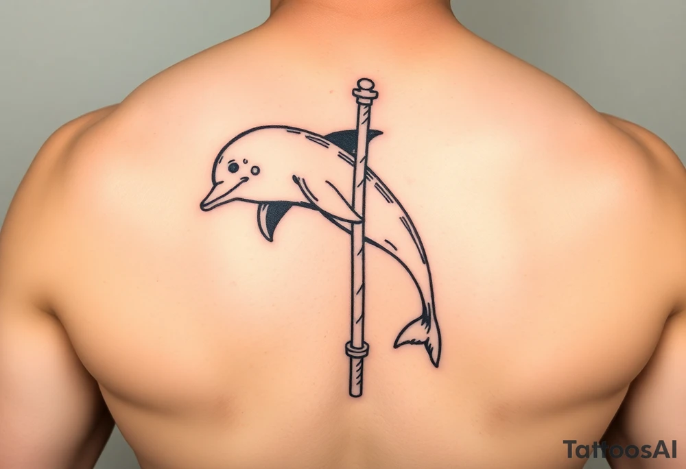 Cartoon striper dolphin on a stripper pole tattoo idea
