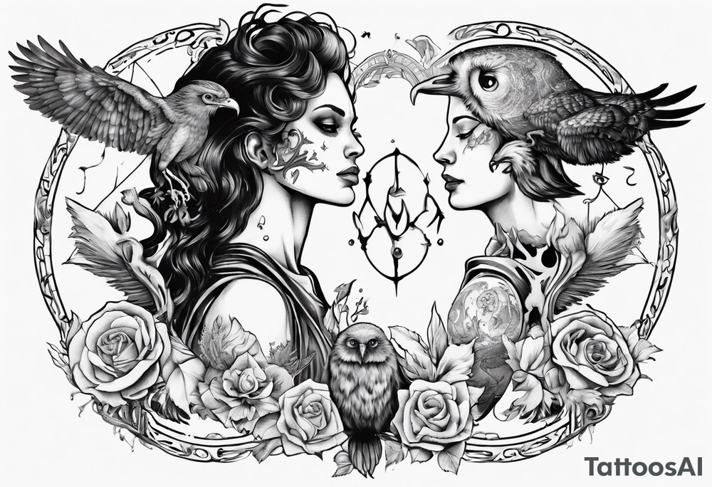 The Zodiac sign Aquarius as a Human accompanied by an owl and raven. tattoo idea