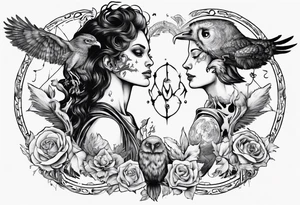 The Zodiac sign Aquarius as a Human accompanied by an owl and raven. tattoo idea
