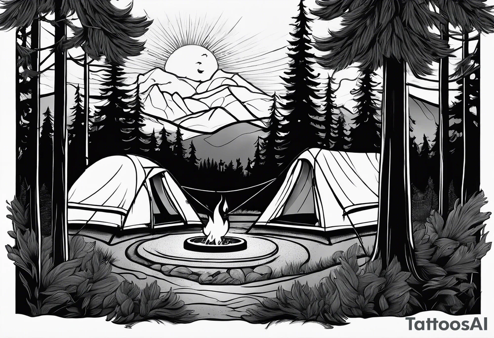 Campground with onr small tent and small fire pit with smoke billowing out of it. Forest of trees surrounding it with three large pine trees being the focus in the background. tattoo idea