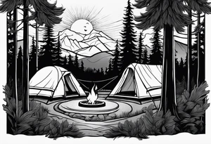 Campground with onr small tent and small fire pit with smoke billowing out of it. Forest of trees surrounding it with three large pine trees being the focus in the background. tattoo idea