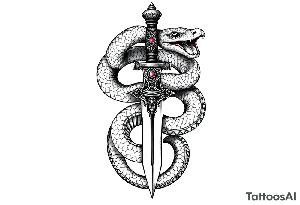 mystical snake coiled around an ancient dagger with jeweled hilt tattoo idea