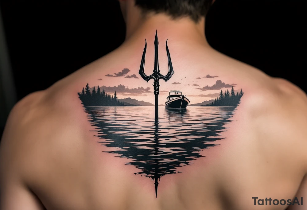 trident half way under calm water with sanger DXII boat and sunset with hidden waldo tattoo idea