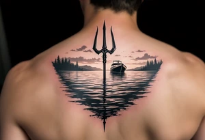 trident half way under calm water with sanger DXII boat and sunset with hidden waldo tattoo idea