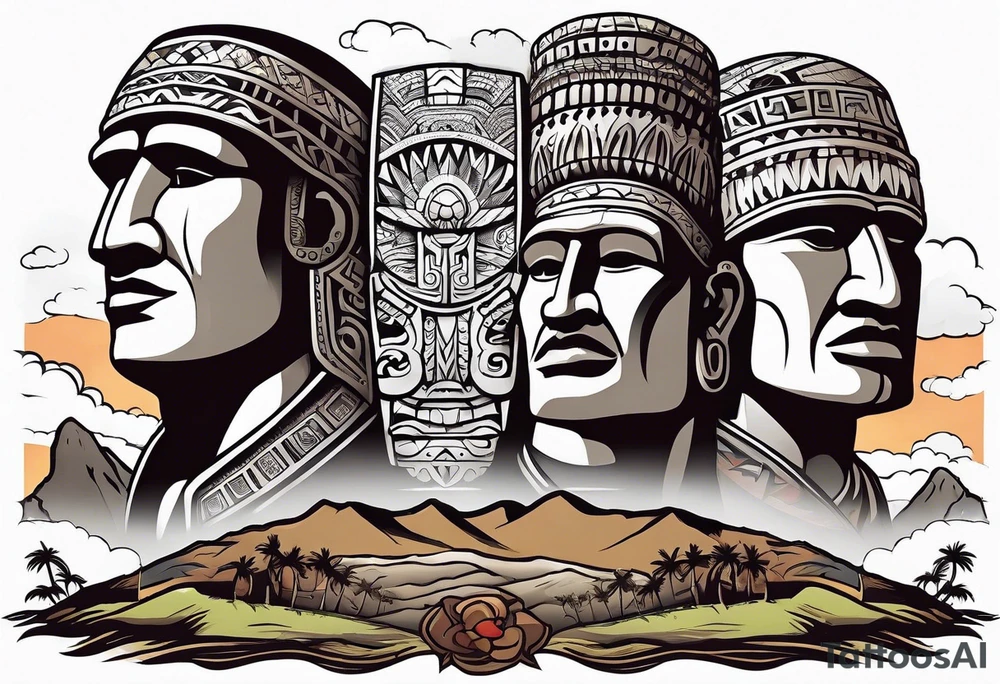 Easter island heads on an island landscape and hawk circling above tattoo idea