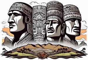 Easter island heads on an island landscape and hawk circling above tattoo idea