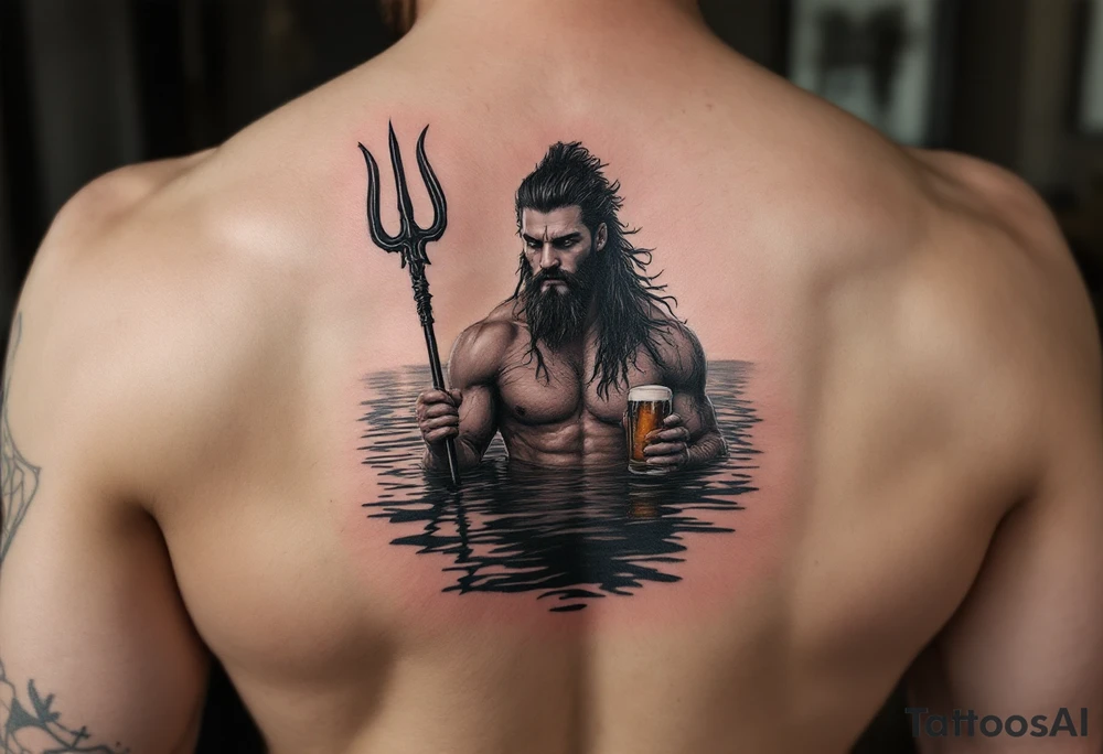 young, fit poseidon in calm water, behind a trident, holding a beer, with sunset tattoo idea