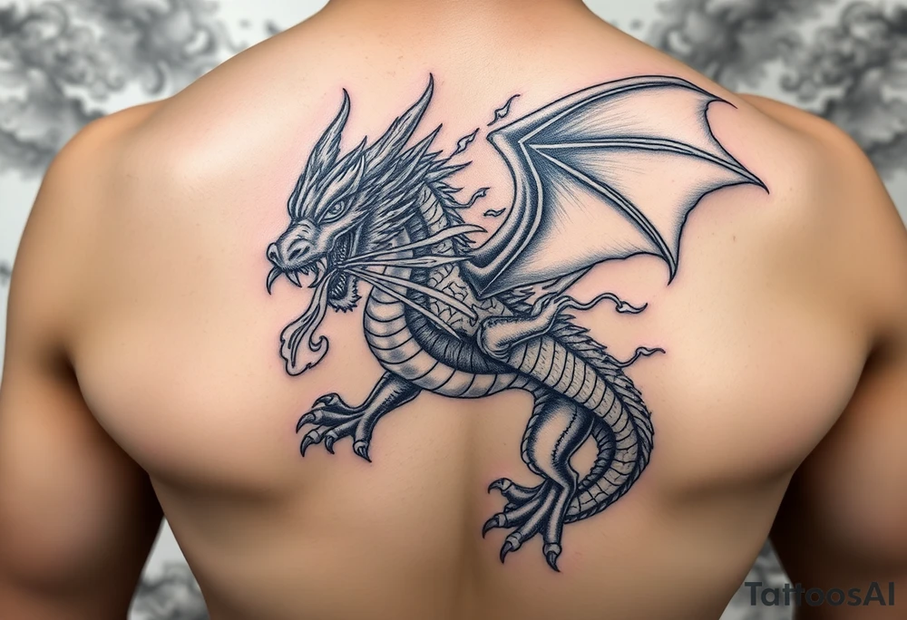 fierce dragon breathing iridescent fire against stormy skies tattoo idea