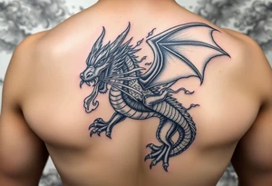 fierce dragon breathing iridescent fire against stormy skies tattoo idea
