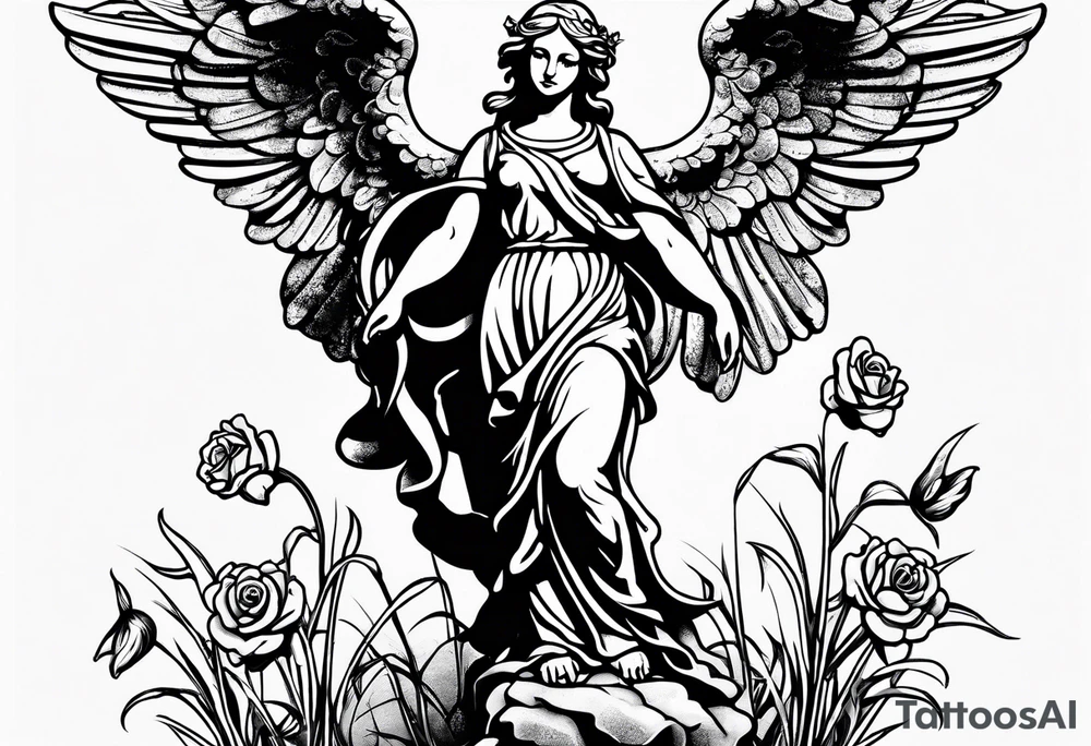 Simple Angel statue stood on a rock with daffodils and roses wrapped around its legs tattoo idea