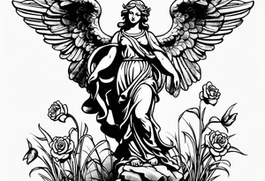 Simple Angel statue stood on a rock with daffodils and roses wrapped around its legs tattoo idea