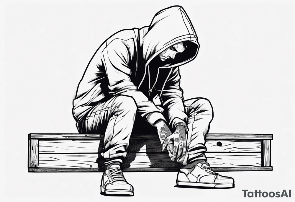 A guy in a hoodie sitting on a wooden box, looking down. tattoo idea
