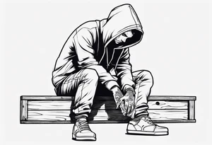 A guy in a hoodie sitting on a wooden box, looking down. tattoo idea
