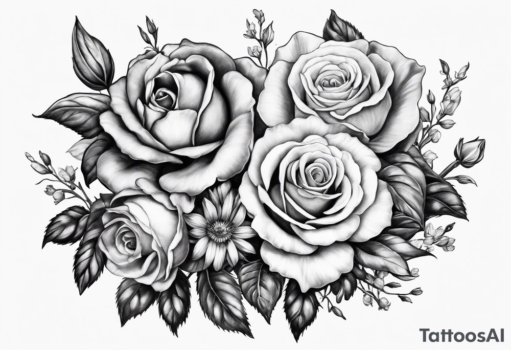 a pencil drawing of a violet, a rose, a larkspur and an aster flower cluster tattoo idea