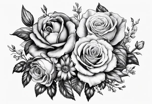 a pencil drawing of a violet, a rose, a larkspur and an aster flower cluster tattoo idea