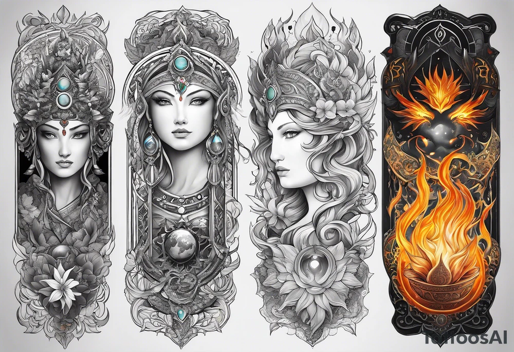 Craft a leg sleeve featuring a goddess embodying the elements (earth, water, fire, air), with each element represented by intricate details and symbols, creating a powerful and elemental representation of divinity. tattoo idea