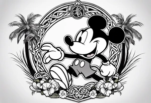 mickey mouse in mortal combat style with palm trees and the celtic symbol for family tattoo idea