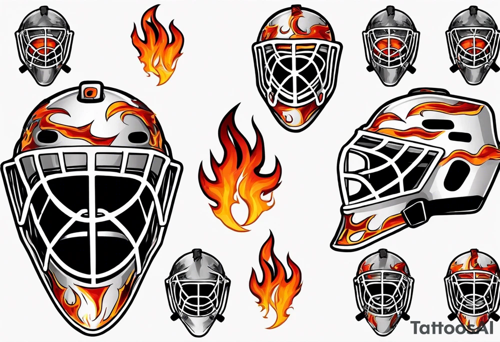 a goalie mask with crossed hockey sticks and flames that says "SHOT HOCKEY" tattoo idea