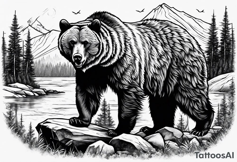 A grizzly bear hunting wolves in the wild tattoo idea