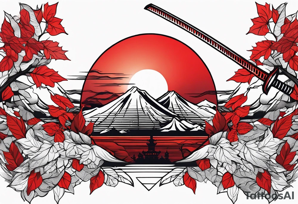 katana, red leaves, red sun tattoo idea