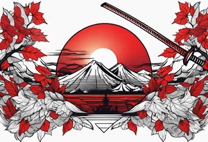 katana, red leaves, red sun tattoo idea