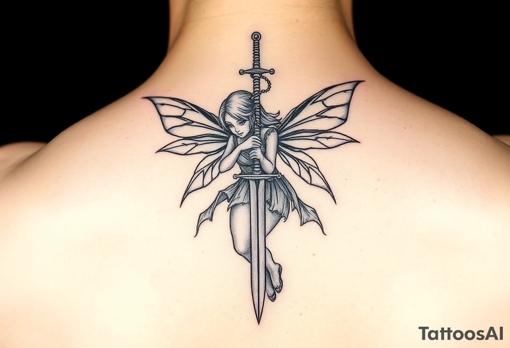 powerful fae fairy holding a sword tattoo idea