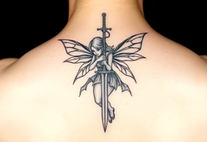 powerful fae fairy holding a sword tattoo idea