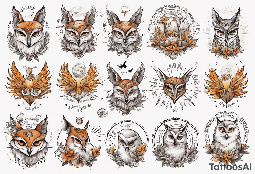 halb 
Fuchs halb Eule unter der Sonne mit dem Schriftzug Sapere Aude tattoo idea