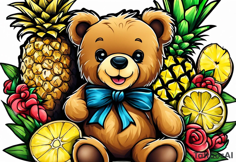 Teddy Bear biting pineapples tattoo idea