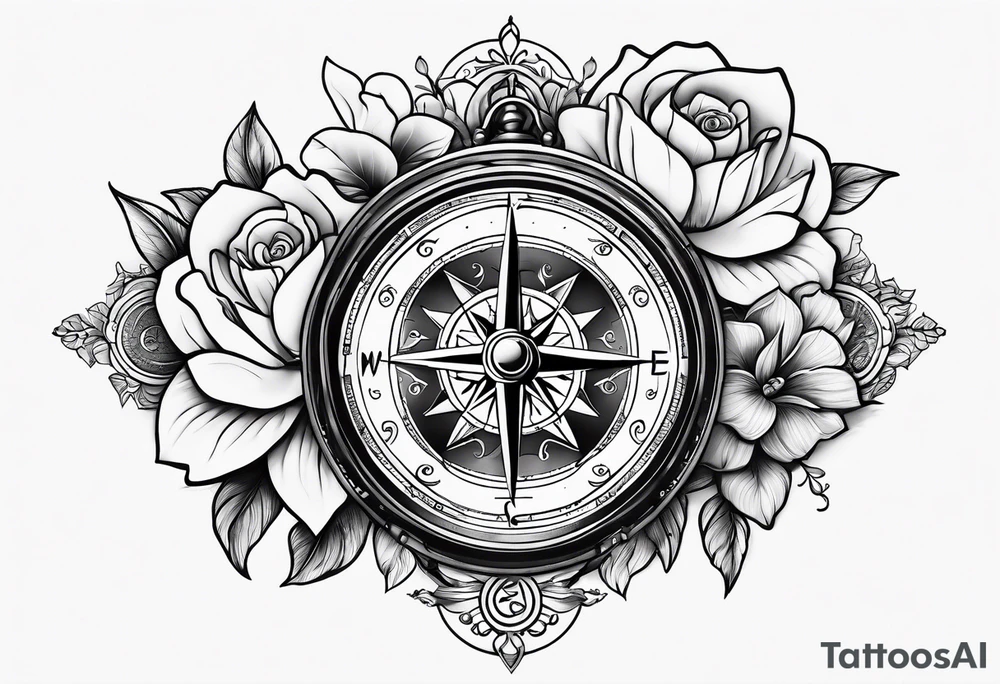 Compass with mountains and moons and flowers like roses or orchids tattoo idea