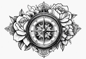 Compass with mountains and moons and flowers like roses or orchids tattoo idea