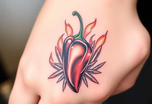 Chili pepper with flames and raining bullets in the background tattoo idea