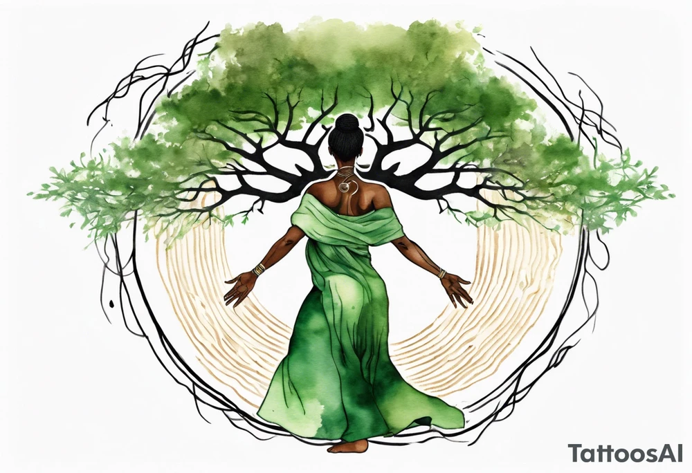 a tree with roots and a trunk that turns into a black woman reaching with her arms towards the sun, wearing a green tunic tattoo idea