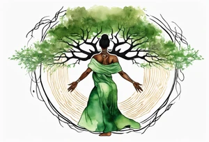 a tree with roots and a trunk that turns into a black woman reaching with her arms towards the sun, wearing a green tunic tattoo idea