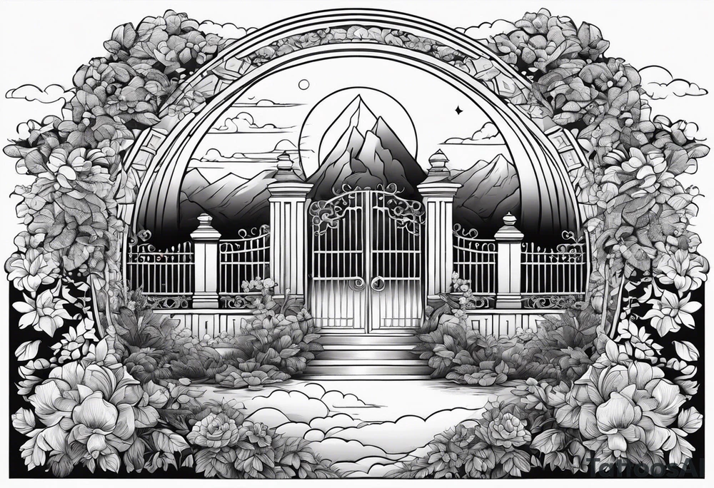 night ancient big town mountains garden gate entrance 
 in circle vignette surrounded by clouds floral tattoo idea